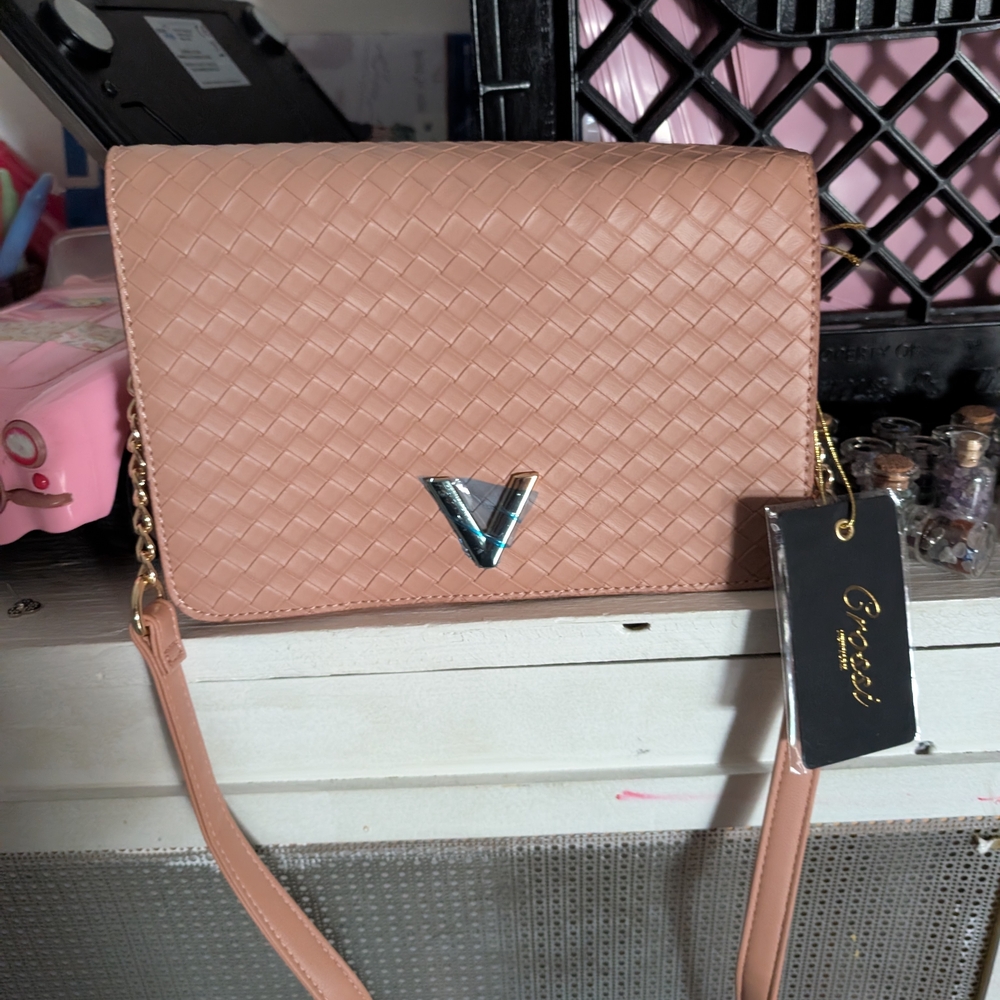 Blush Woven Flap Crossbody with Gold V Accent